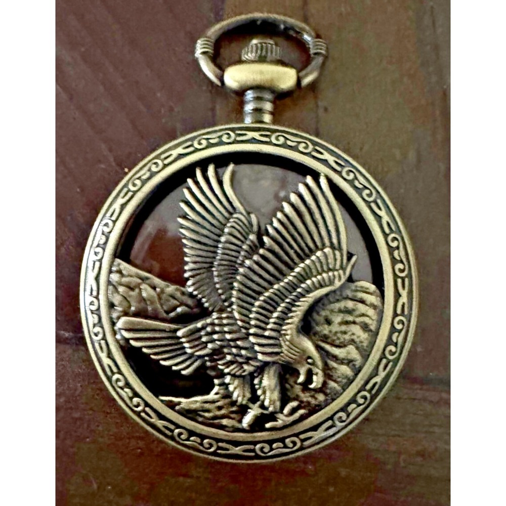 Gold Tone Eagle Pocket Watch Brown Face New Battery Japan MVMT